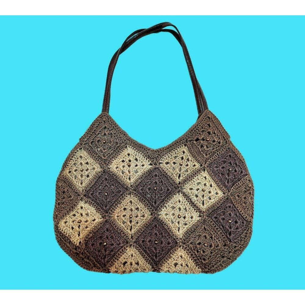Y2K Crochet Patchwork Handbag Brown Beige Shoulder Bag Beaded Boho